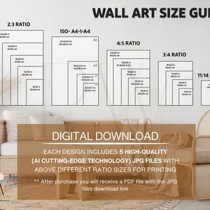 May include: A wall art size guide with different ratios for digital downloads. The guide shows the dimensions in inches and centimeters for each ratio. The text "Digital Download" is displayed in a brown rectangle.
