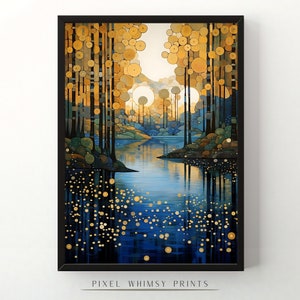 May include: A digital painting of a forest scene with a river flowing through it. The trees are stylized with gold and blue circles, and the river is a deep blue with gold highlights. The painting has a whimsical and abstract style.