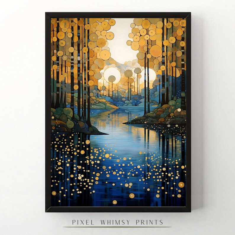 May include: A digital painting of a forest scene with a river flowing through it. The trees are stylized with gold and blue circles, and the river is a deep blue with gold highlights. The painting has a whimsical and abstract style.