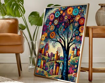 May include: A rectangular framed wall art print featuring a vibrant, stylized tree with a dark blue trunk and branches adorned with colorful, circular floral patterns. Below the tree, a small village of houses sits on rolling, multi-colored hills.