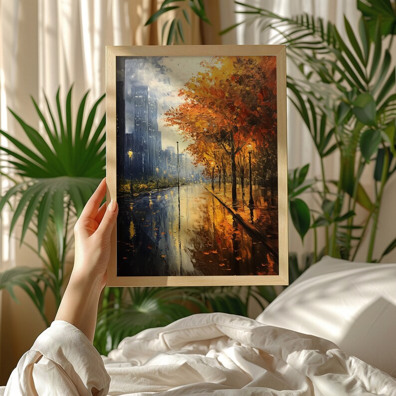 Rainy Autumn City Print, Moody Fall Cityscape Print, Antique Fall City