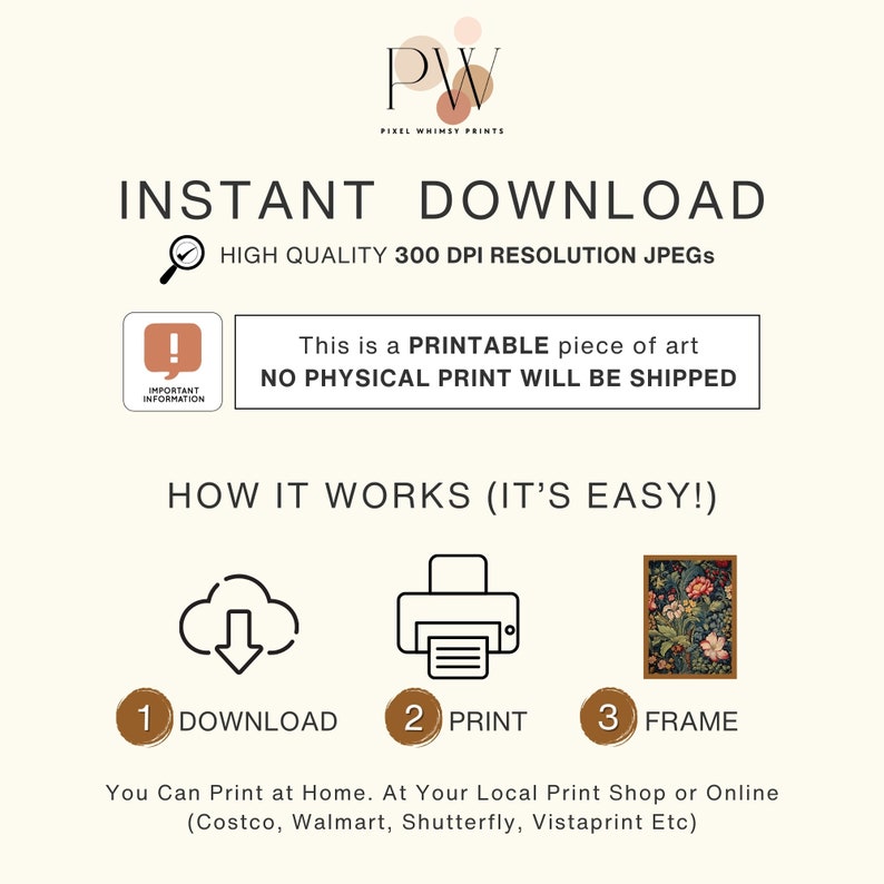 May include: A digital illustration showing how to download, print, and frame a printable piece of art. The text says "This is a PRINTABLE piece of art. NO PHYSICAL PRINT WILL BE SHIPPED."