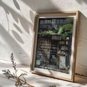 May include: A framed photograph of a bookstore in Japan. The storefront is covered in greenery and has a sign that reads "本屋". A bicycle is parked in front of the store.