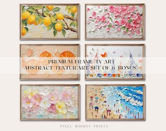Frame tv-textuur kunstbundel set van 6, abstracte 3D-schilderij digitale download, moderne citroen-oranje kersenbloesem wilde bloemen bundel kunst voor tv