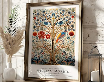 May include: A framed print of a colorful floral design with a bird in the center. The print is titled "The Artistry of 19th Century William Morris Cotton Prints Exhibition, History of British Design".