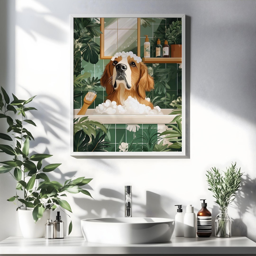 Golden Retriever in Bathtub Art Print, Maximalist Funny Animal in Bath ...