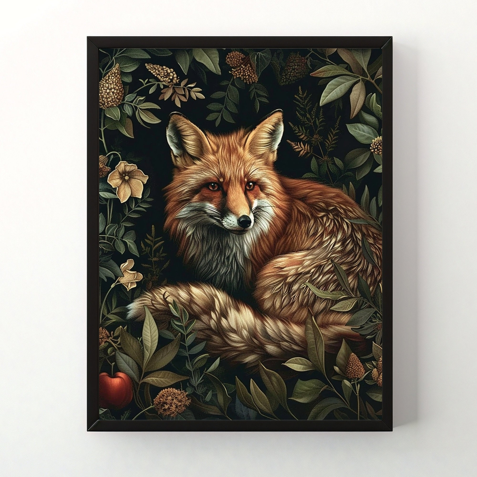 Fox in Deep Magic Forest Core Decor, Moody Retro Oil Painting Dark