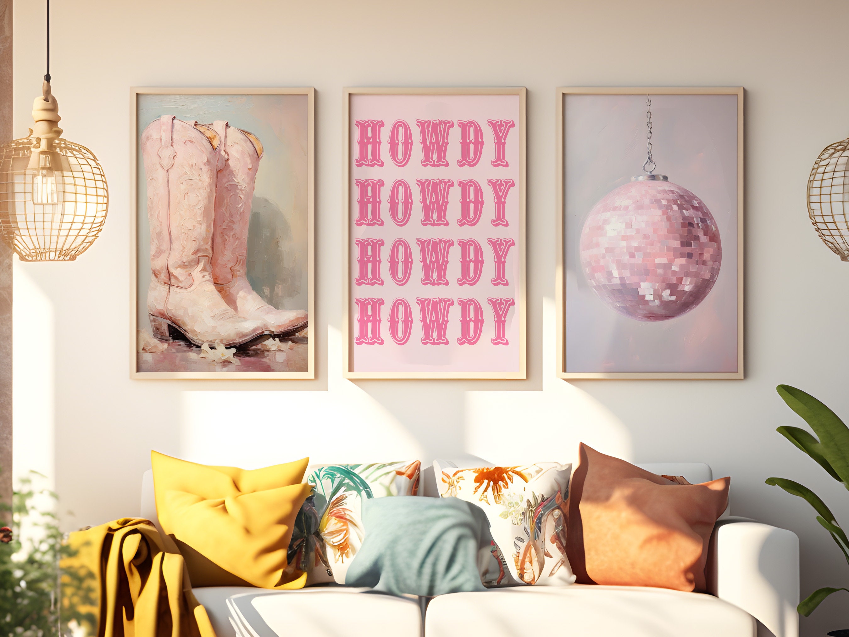 Western Howdy Cowgirl Wall Art Set of 3, Pink Western Wall Art Set of 3 ...