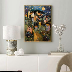 May include: A painting of a whimsical village nestled in a forest at night. The houses are brightly colored and have twinkling lights. The sky is dark blue with stars and a crescent moon. The painting is framed in gold.
