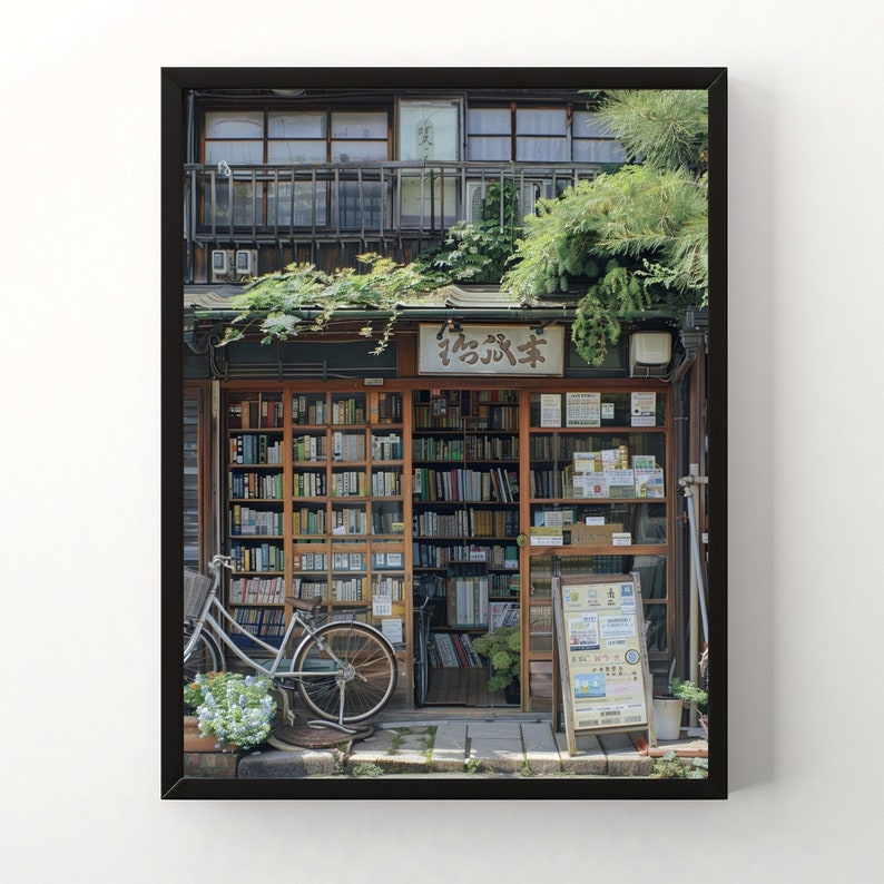May include: A vintage bookstore with a wooden facade and a sign that reads "ふらり本", which translates to "Stroll Through Books". The store has large windows filled with bookshelves and a bicycle parked in front.