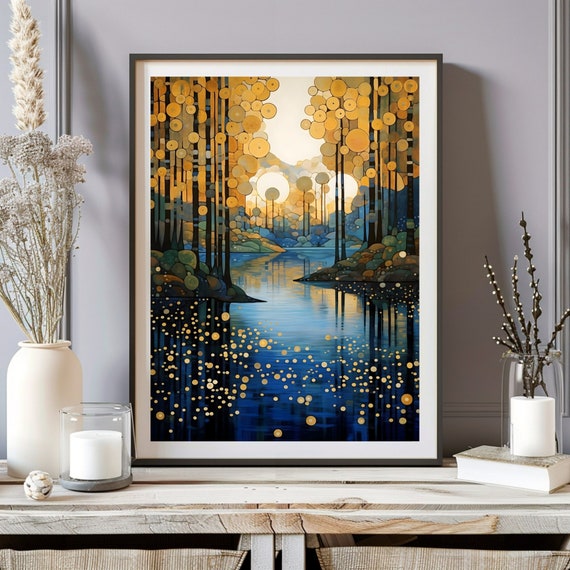 Gustav Klimt Print, Klimt Exhibition Poster, Gustav Forest Village Night Poster, Klimt Moon Stars Tree Wall Art Print, Gustav Klimt Painting