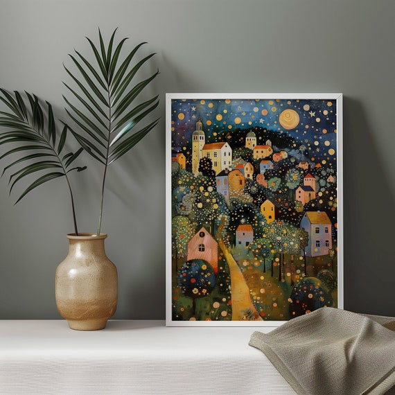 Gustav Klimt Village Night Print, Gustav Klimt Poster, Klimt Exhibition Poster, Klimt Moon Stars Tree Art, Housewarming Gift for Art Lover