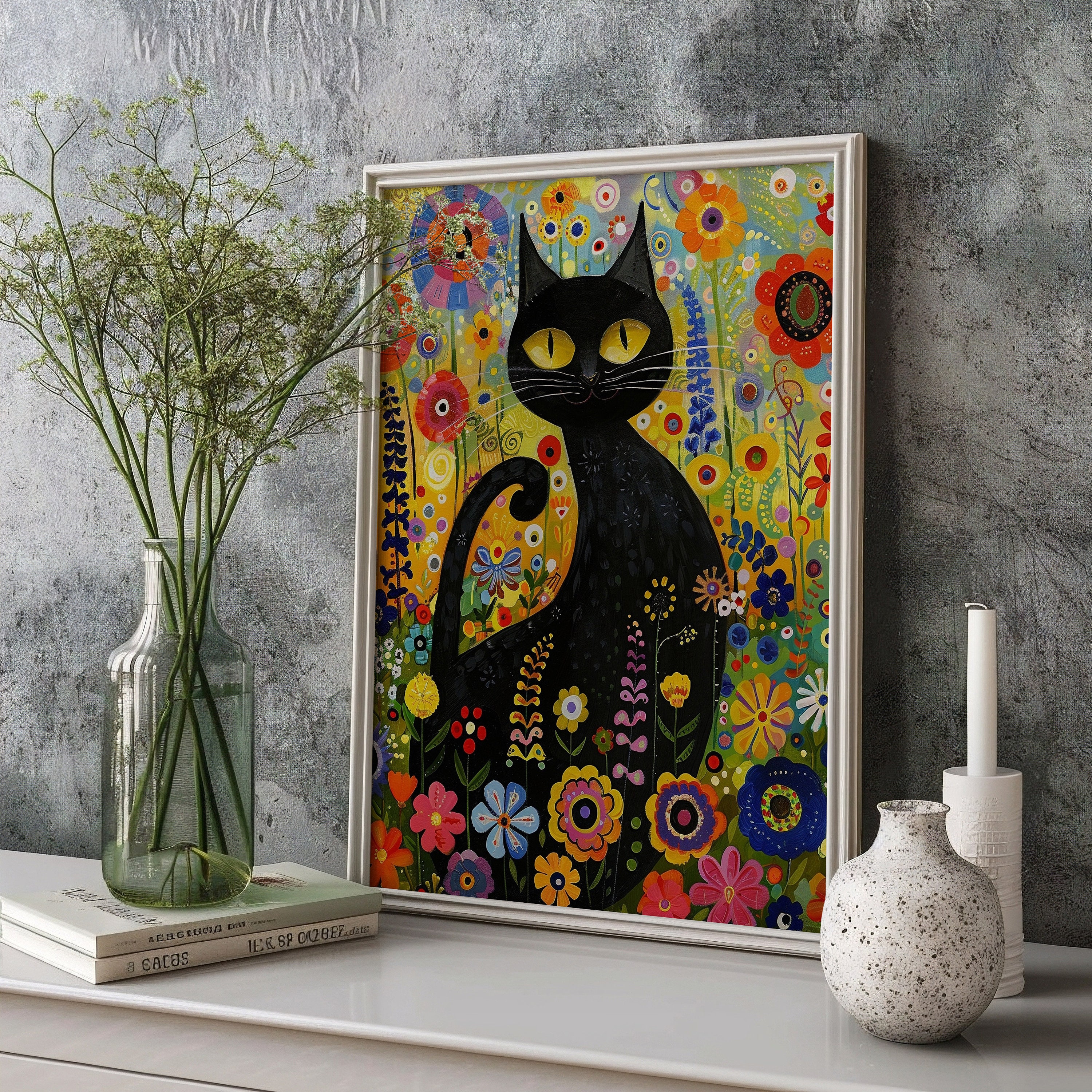 グスタフ・クリムトの庭の猫のプリント、クリムトの花の猫のポスター