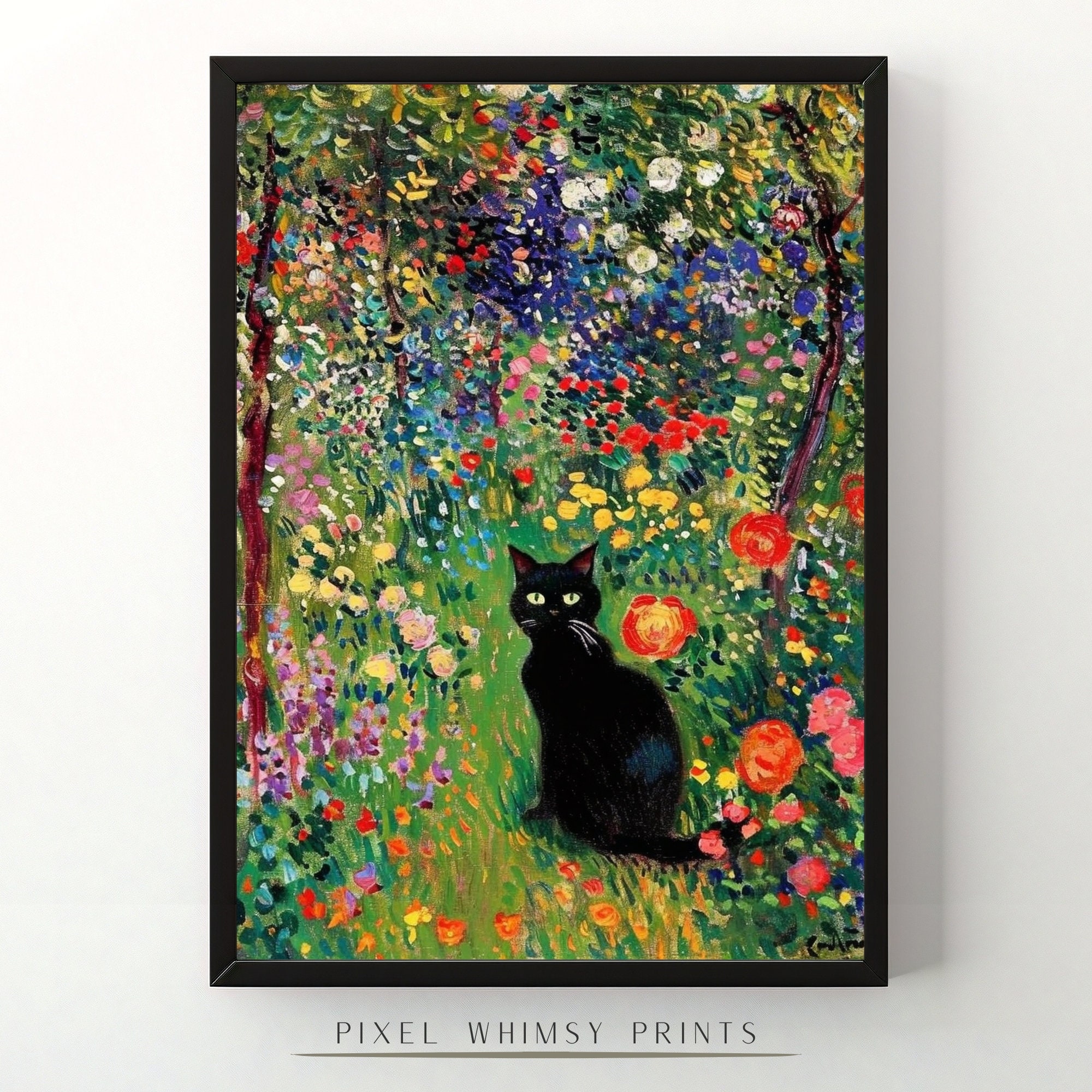 クロード・モネの庭の猫のプリント、クロード・モネの猫のポスター、黒