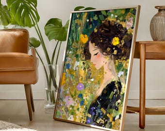 May include: A rectangular framed wall art print featuring a profile portrait of a person with dark hair adorned with yellow flowers, set against a textured background of green, gold, and floral accents in a painterly style with visible brushstrokes.