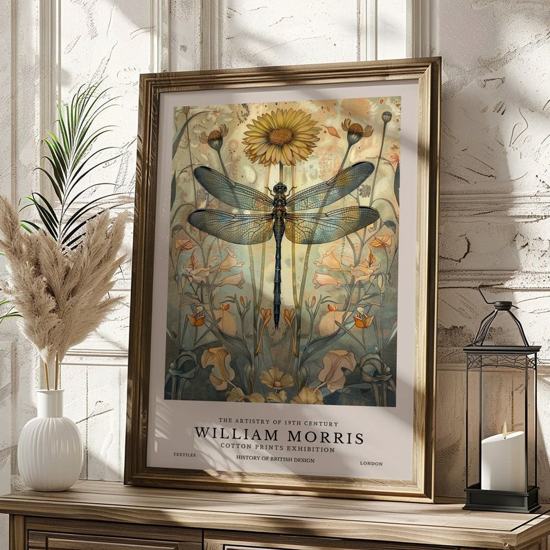 May include: A vintage poster featuring a dragonfly with blue wings and a yellow flower. The poster is titled "The Artistry of 19th Century William Morris Cotton Prints Exhibition" and includes the text "History of British Design" and "London".