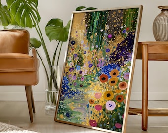 Klimt Farm inspirierte Garten-Wand-Kunst, Blumen-Poster mit Goldakzent, botanisches Wohndekor (Digitaler Download)