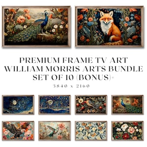 May include: A set of 10 digital art prints featuring William Morris designs. The prints include a peacock, a fox, a hummingbird, a bird, and various floral patterns. The prints are framed and ready to hang. PREMIUM FRAME TV ART WILLIAM MORRIS ARTS BUNDLE SET OF 10 (BONUS)+ 3840 x 2160