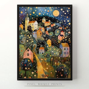 May include: A painting of a whimsical village nestled in a forest under a starry night sky. The houses are painted in bright colors, including pink, blue, yellow, and green. The trees are lush and green, and the sky is a deep blue with white stars and a bright yellow moon.