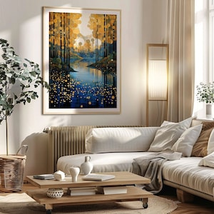 May include: A framed print of a stylized forest scene with a blue river flowing through it. The trees are depicted with gold and yellow circles, and the river is surrounded by blue and gold dots.