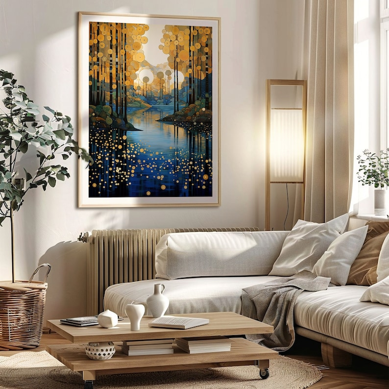 May include: A framed print of a stylized forest scene with a blue river flowing through it. The trees are depicted with gold and yellow circles, and the river is surrounded by blue and gold dots.
