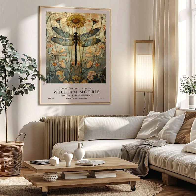 May include: A vintage poster featuring a dragonfly with intricate wings, surrounded by delicate flowers. The poster is titled "William Morris Cotton Prints Exhibition" and is a part of "The Artistry of 19th Century Textiles".