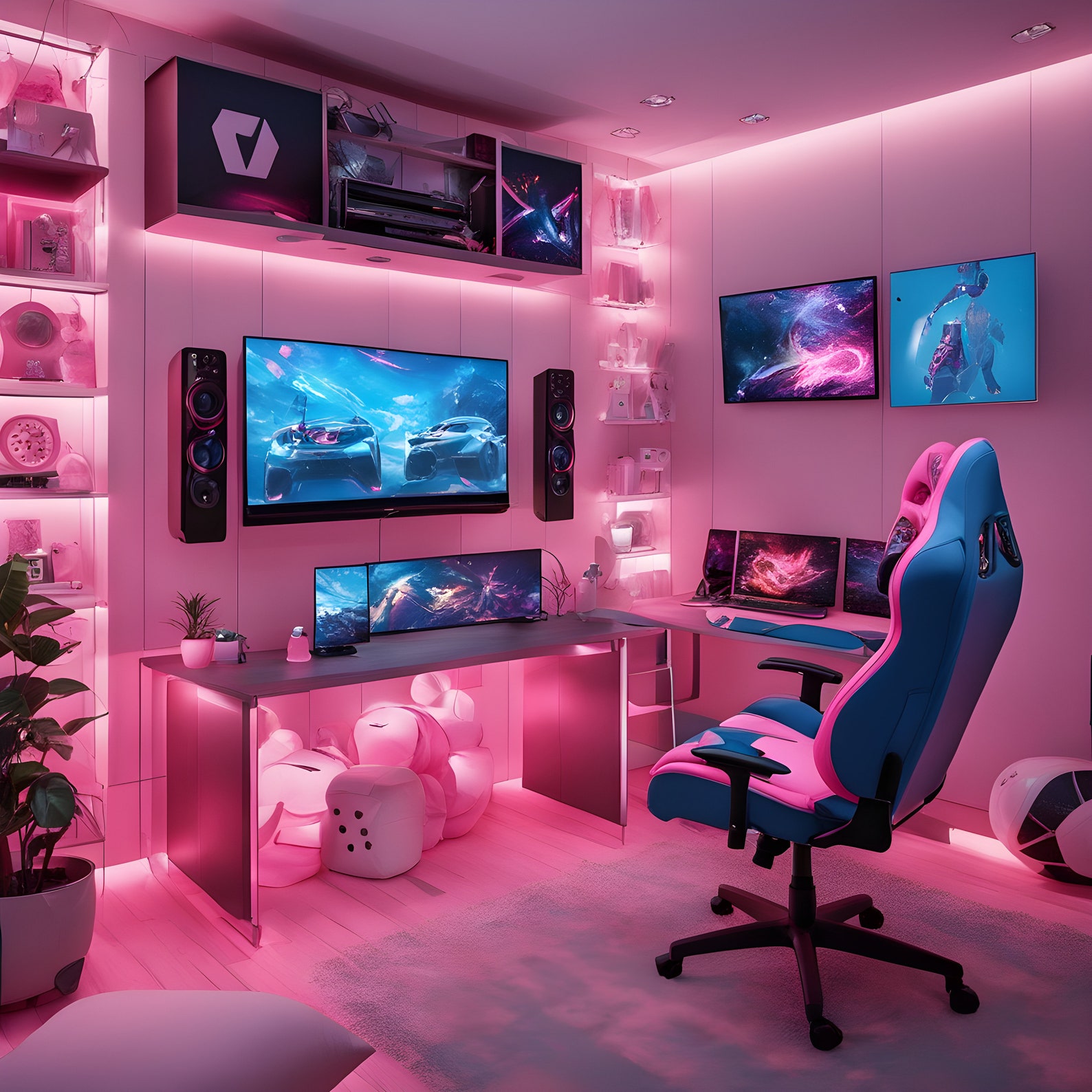 Blue and Pink Colored Couple Dual Setup Gaming Room for a Girl and Boy, Digital Decor, Digital