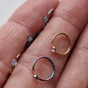 Surgical Steel Thin Nose Ring Hoop Tragus Daith Conch Plain CZ Crystal Piercing Helix Earring Nose Rings 0.8mm (gauge 20) 8mm Ear Top Ring