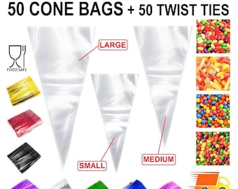 50 Sweet Cone Bags with Twists Cellophane Plastic Clear Bags Kids Birthday Party Kids Hot Chocolate Popcorn Treat Halloween Candy Sweets