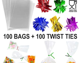 100 Clear Cello Bags with Twist Ties: Food Safe Display Bags