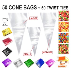 50 Sweet Cone Bags with Twists Cellophane Plastic Clear Bags Kids Birthday Party Kids Hot Chocolate Popcorn Treat Halloween Candy Sweets