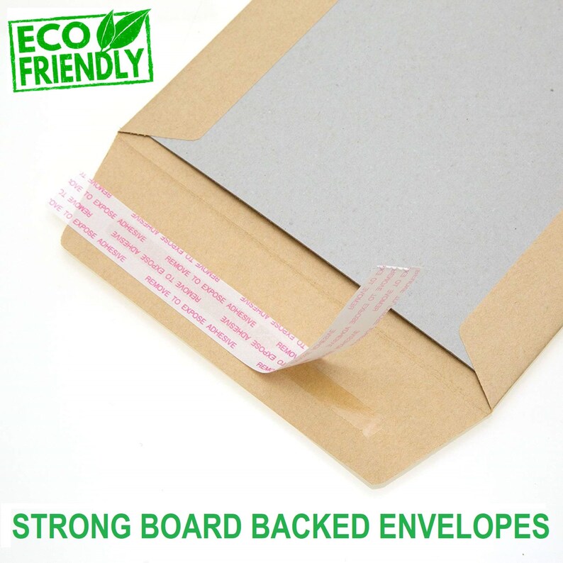 May include: A brown cardboard envelope with a gray cardboard insert. The envelope has a peel-and-seal closure with a white adhesive strip. The envelope is labeled "ECO FRIENDLY" and "STRONG BOARD BACKED ENVELOPES".