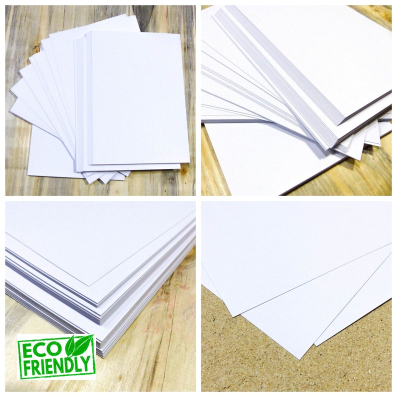 May include: A stack of white cardstock paper, with a close-up of a single sheet and a stack of sheets on a wooden surface. The paper is eco-friendly.