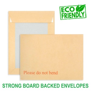 May include: Two brown cardboard envelopes with a white board backing. The top envelope has a flap. The bottom envelope has the text "Please do not bend" printed on the front. The envelopes are labeled "ECO FRIENDLY" in a green stamp.
