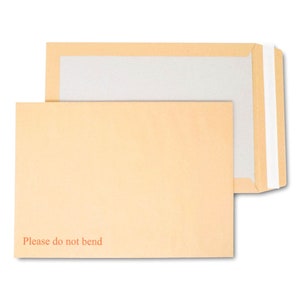 May include: A brown paper envelope with a white adhesive strip and the text "Please do not bend" printed on the front.