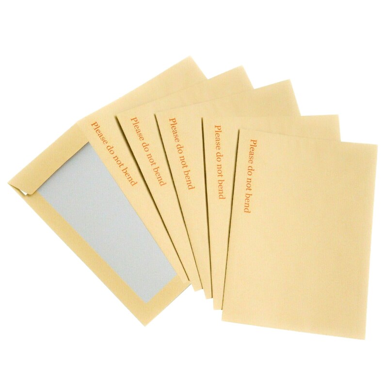 May include: A stack of six brown envelopes with the words "Please do not bend" printed on each one.