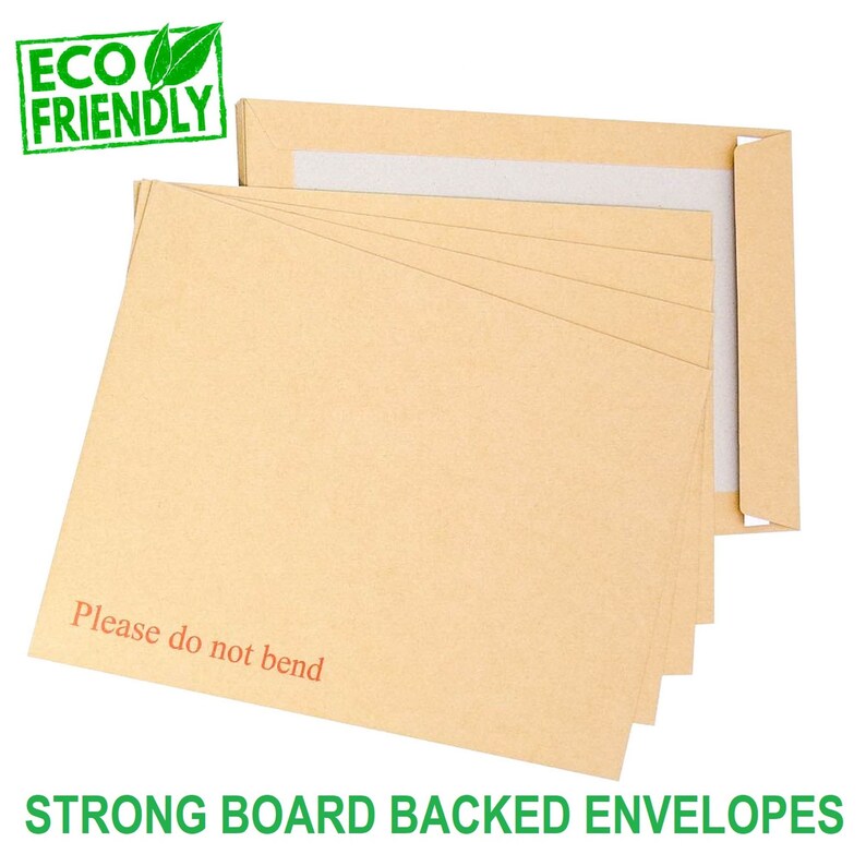 May include: A stack of brown cardboard envelopes with a white adhesive strip and the text "Please do not bend" printed in red. The envelopes are labeled "Eco Friendly" and "Strong Board Backed Envelopes".