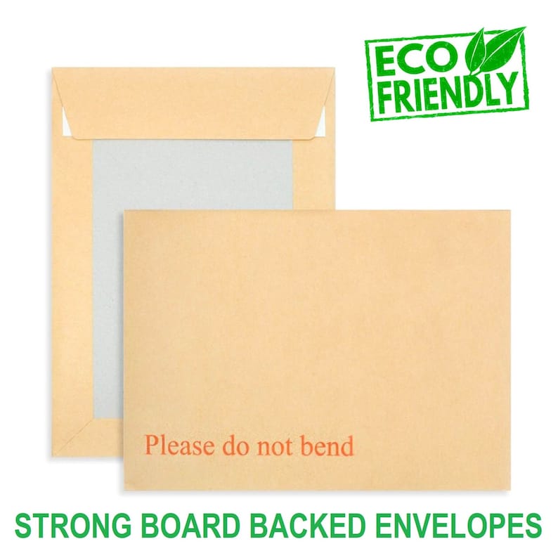 May include: Two brown envelopes with a white paper insert. The top envelope has a flap. The bottom envelope has the text "Please do not bend" printed on the front. The envelopes are labeled "Strong Board Backed Envelopes" and "Eco Friendly".