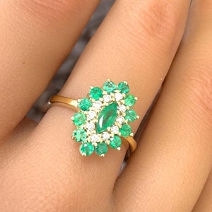 vintage NATURAL emerald gem stones with natural diamonds ring marquise cut center emerald natural gem stone Unique Vintage Inspire Statement