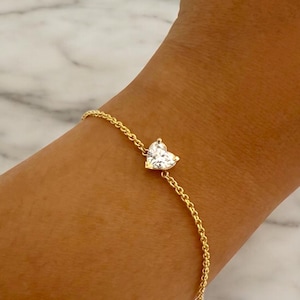 1.00 Carat Heart 14K Gold Heart Diamond Bracelet Dainty Heart Cut Diamond Chain Bracelet Real Gold Minimalist Bracelet Gift for Her