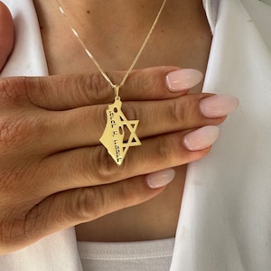 Map of Israel pendant in 14K solid gold, together with the Star of David. Prayer of the Way, Israel necklace, Jewish Star of David pendant.