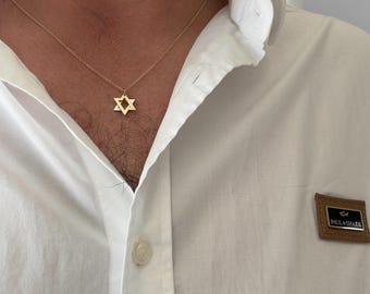14K Gold Star of David Pendant Necklace, Two Tone Magen David
