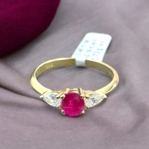 14K Gold Ruby Engagement Ring, Pear Cut Diamond Side Stones