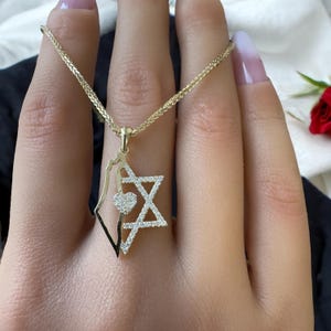14k Gold Davidstern Halskette mit Israel Karte und Diamant-betonten Herzanhänger, Judaica Schmuck für Frauen, Bat Mitzwa Geschenk,