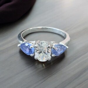 Pear-Cut Blue Sapphire Side Stones 14K Gold Oval-Cut Diamond Ring with  – Unique Engagement Ring, Sapphire Diamond Ring, Custom Fine Jewelry