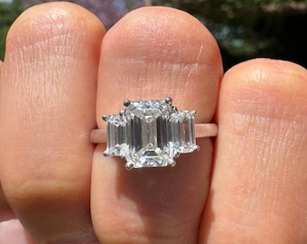 Lab-Grown Emerald Cut Diamond Ring, 14k Gold Three Stone Engagement Ring