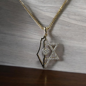 14k Gold Davidstern Halskette mit Israel Karte und Diamant-betonten Herzanhänger, Judaica Schmuck für Frauen, Bat Mitzwa Geschenk,