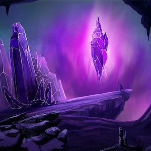 May include: A purple crystal formation glows in a dark cave with a smaller crystal floating above. The cave is lit by a purple and blue light.