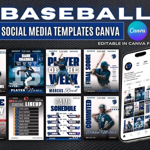 May include: A promotional image for baseball-themed social media templates. The image features a collection of 30 templates with a blue and white color scheme, showcasing game day announcements, player profiles, and score updates. A smartphone displays a sample Instagram post.