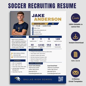 Soccer Resume Template for College Recruiting, Student Athlete Resume Midfielder, Editable Canva, Coach Email Templates Included - SRL01